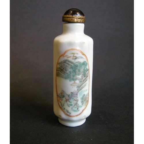 Porcelain snuff bottle with two panels decorated with figures in a landscapes